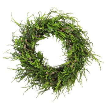 WREATH REAL-TOUCH CYPRESS 24" GREEN TWO-TONE W/SALAL LEAVES & PINE CONES