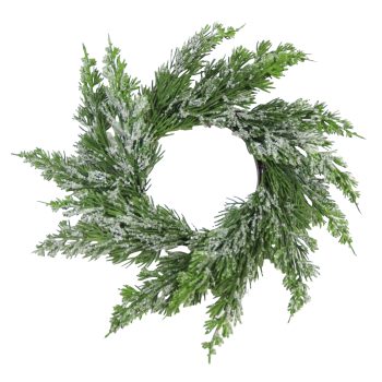 CANDLE RING/MINI WREATH CEDAR 12" W/SNOW FROSTING REAL TOUCH