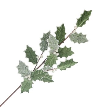 SPRAY VELVET HOLLY LEAF 27" SAGE W/ICE GLITTER