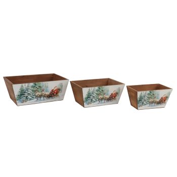WOOD PLANTER 3PC SET SIZE BROWN W/SANTA IN SLEIGH DESIGN
