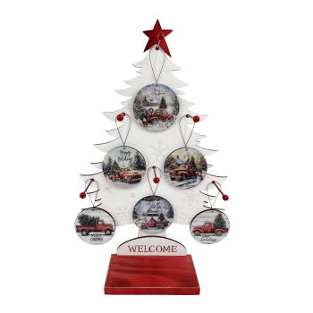 ORN CHRISTMAS/RED TRUCK WITH TREE DISPLAY 13"X21" MULTI GLOSSY FINISH WOOD/IRON 48PCS