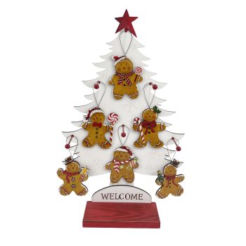 ORN GINGERBREAD WITH TREE DISPLAY 13"X21" MULTI GLOSSY FINISH WOOD/IRON 48PCS
