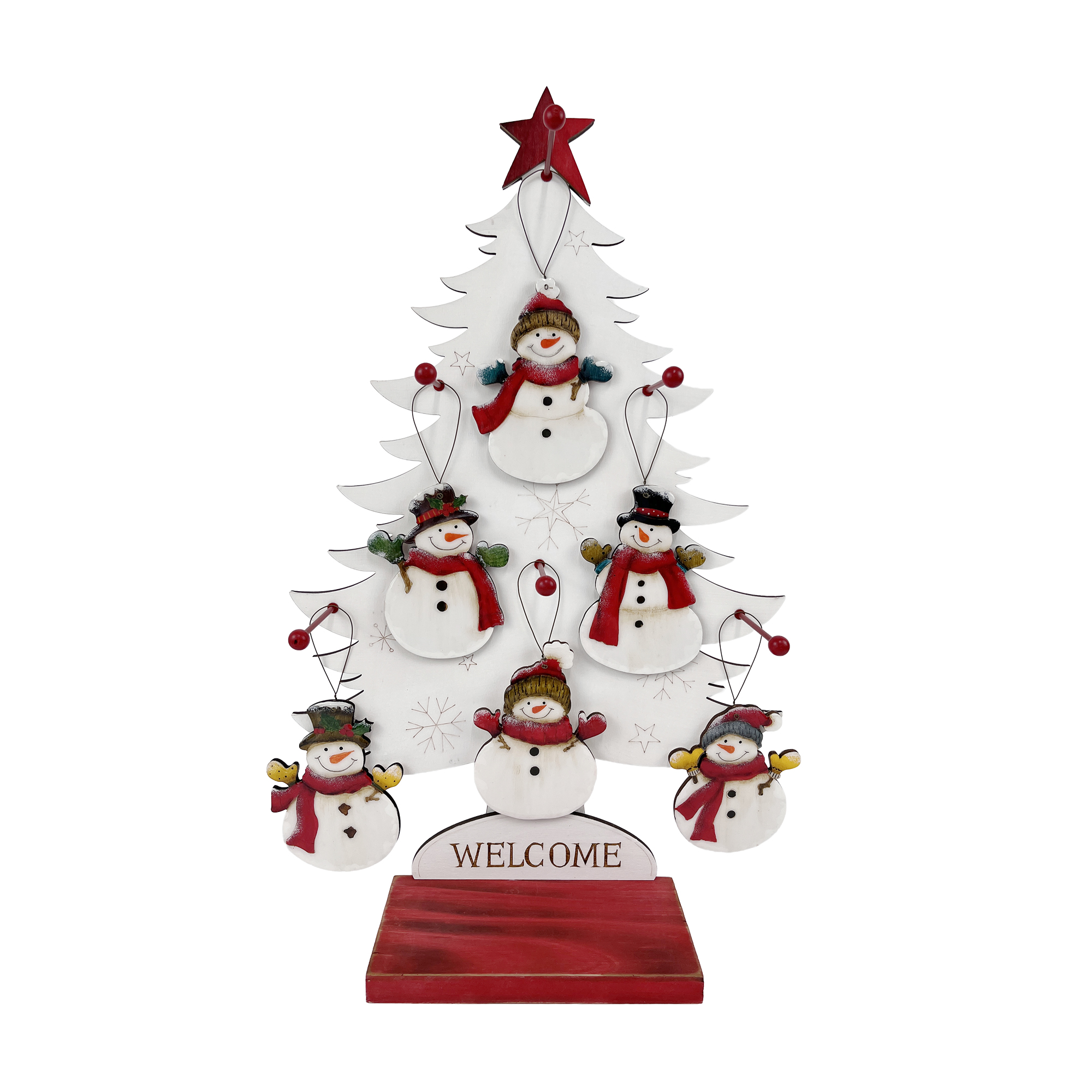 ORN SNOWMAN WITH TREE DISPLAY 13"X21" MULTI GLOSSY FINISH WOOD/IRON 48PCS