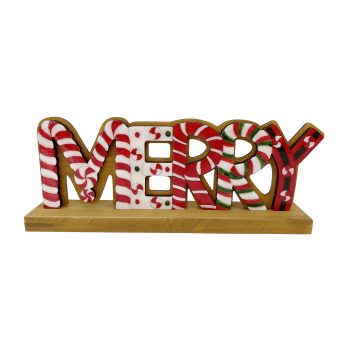SIGN/TABLE DECOR "MERRY" STAND 8"X3" MULTI GLOSSY FINISH WOOD
