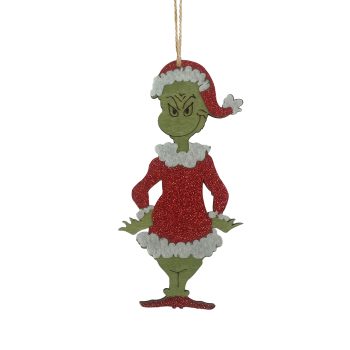 ORN GRINCH GIRL 6.5" LIME GREEN/RED/WHITE WOOD/BURLAP