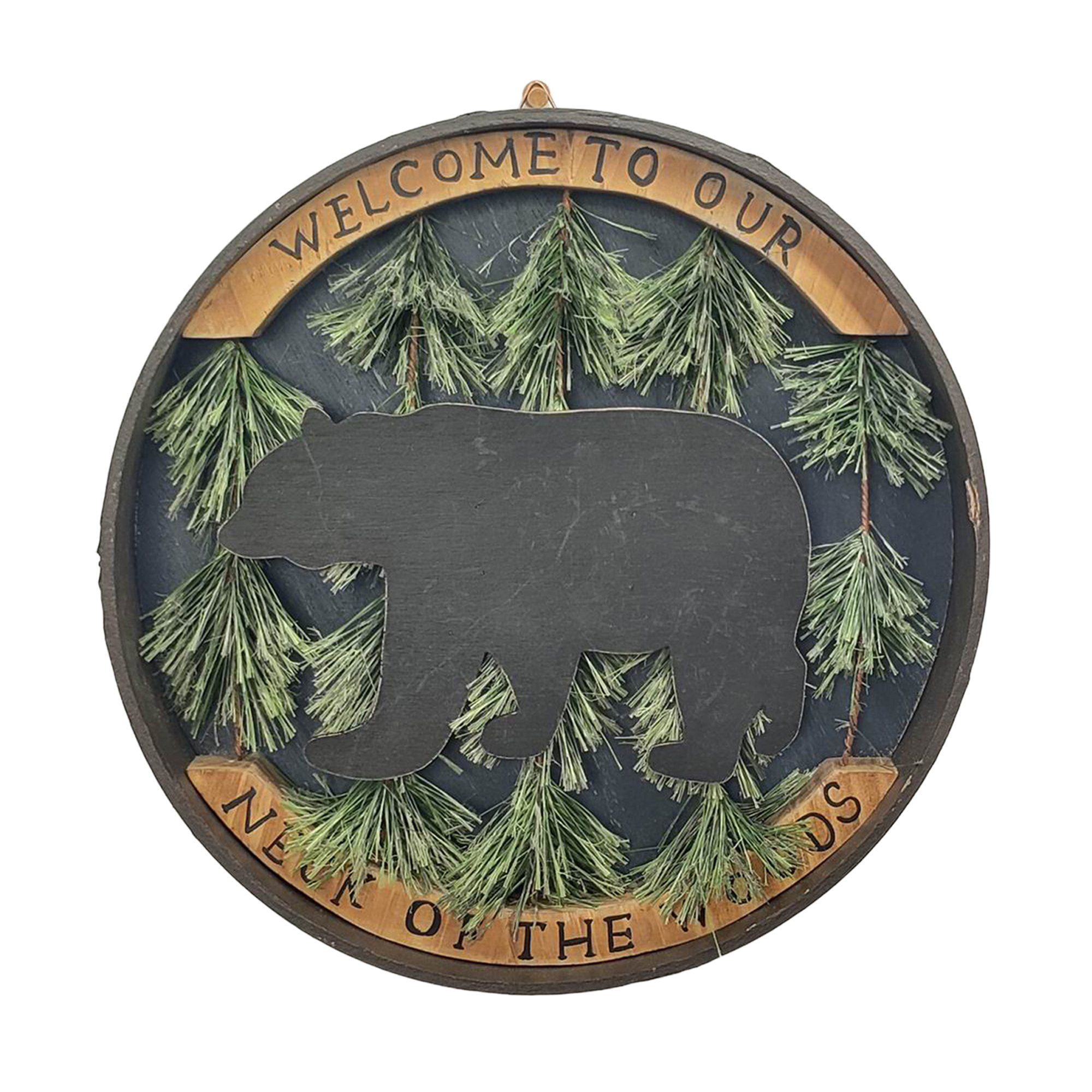 WALL DECOR ROUND WOODEN 12.5" BEAR W/PINE TREES