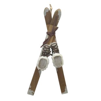 ORN SKI WITH BOOTS 13"X2.5" NATURAL WOOD/LEATHER