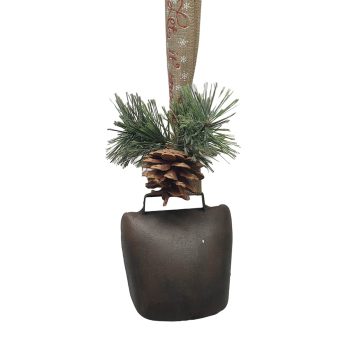 ORN COWBELL 12"X2.5" BROWN W/PINE/RIBBON