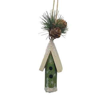ORN BIRDHOUSE 6.5"X1" GREEN WOOD/PINECONE