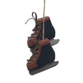 ORN ICE SKATES 3" RED WOODEN/LEATHER