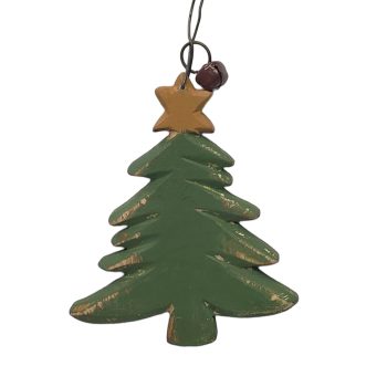 ORN PINE 4"X4.5" GREEN WOOD/JUTE W/JINGLE BELL