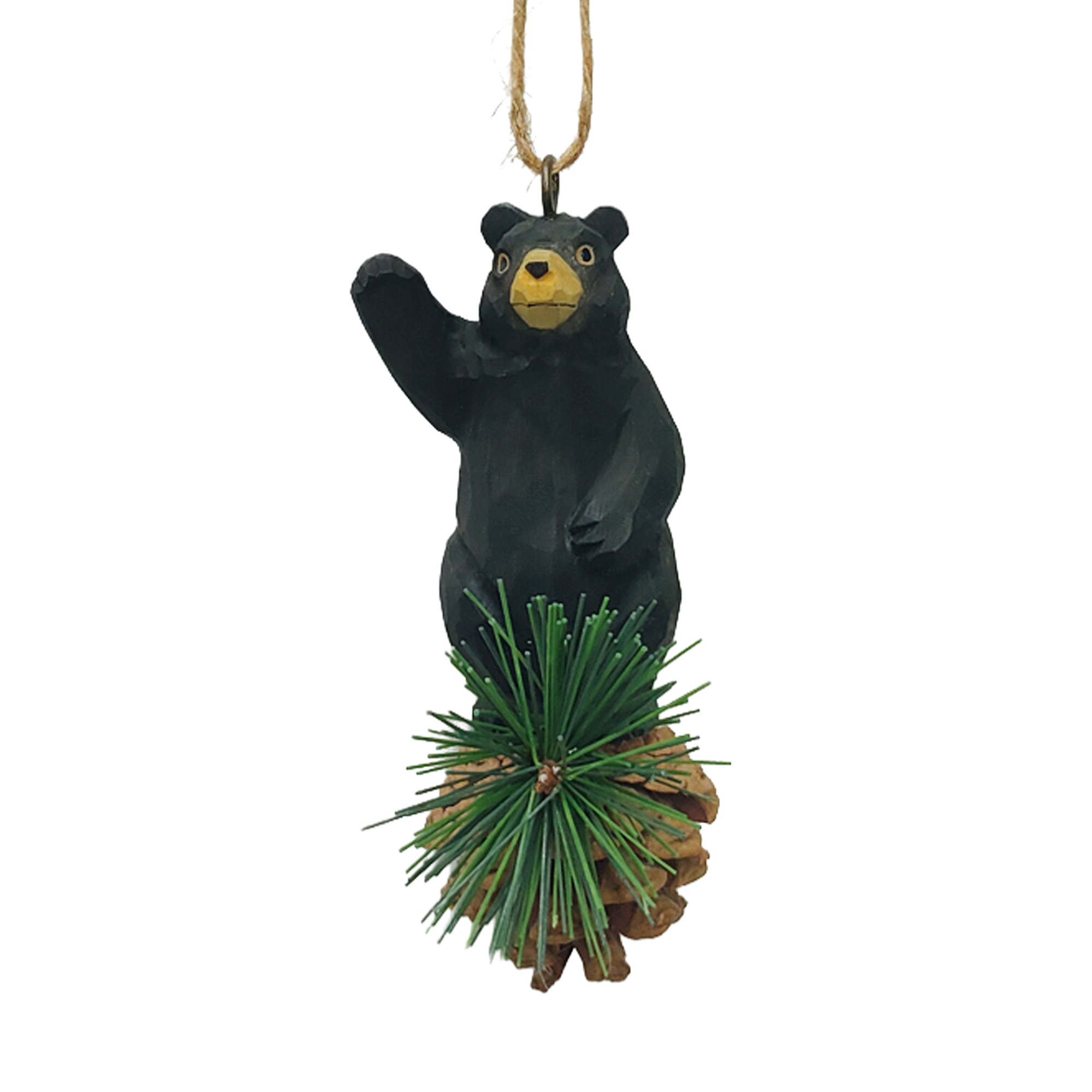 ORN BEAR STANDING 11"X5" BLACK WOOD/PINE CONE WAVING
