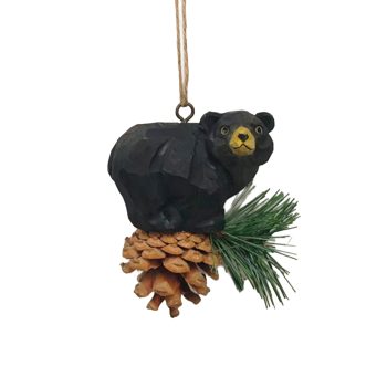 ORN BEAR 11"X5" BLACK WOOD/PINE CONE