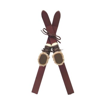 ORN SKIS 13.5"X2.5" RED WOOD/LEATHER/WOOL