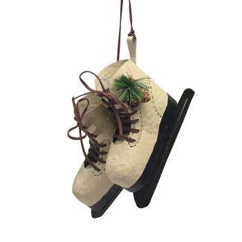 ORN ICE SKATES 8.5"X7" WHITE METAL/LEATHER W/PINE CONE