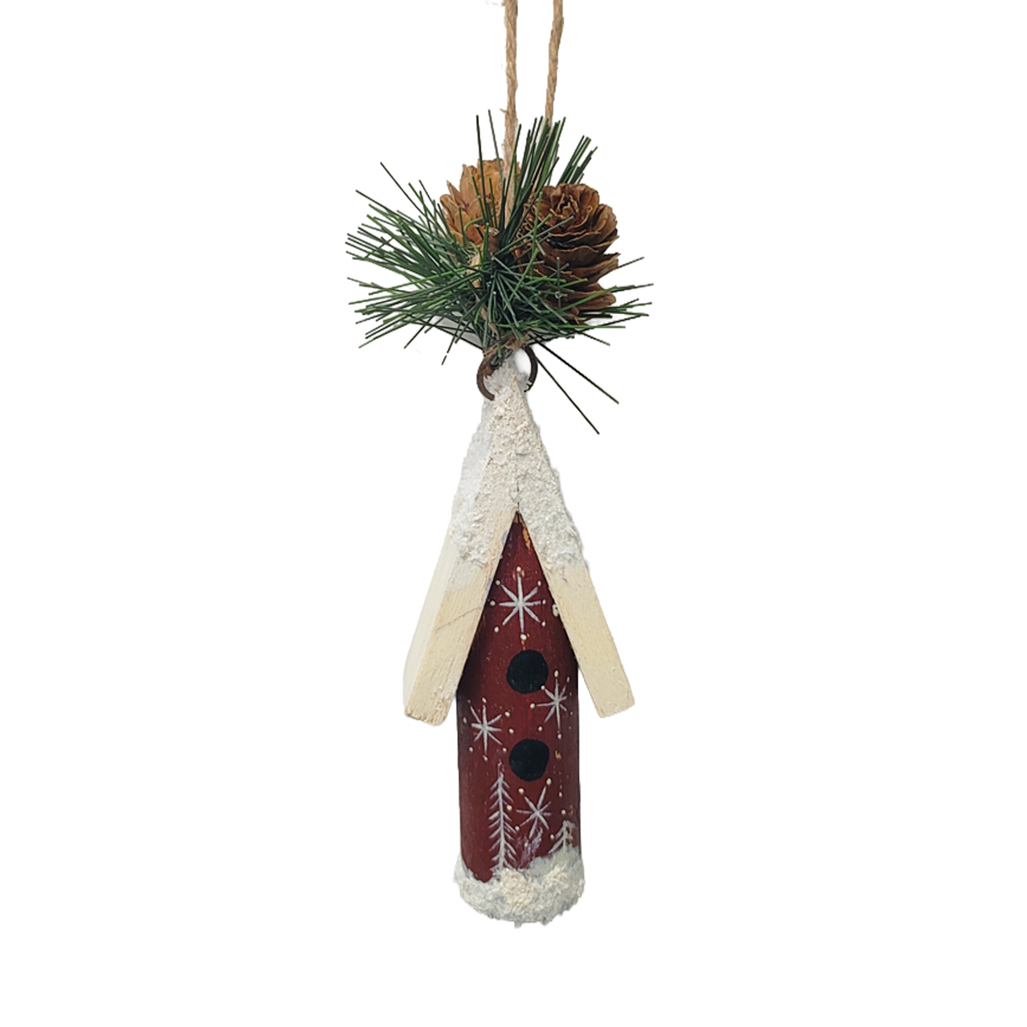 ORN BIRDHOUSE WOOD/PINE 6.5"X1" RED, JOLLY SNOWY HOUSE