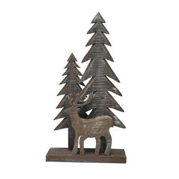 TABLE DECOR DEER WITH TREES 8.5"X15.5" BROWN WOOD WHITEWASHED