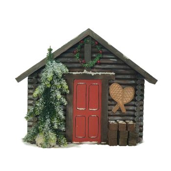 TABLE DECOR CABIN 12.5"X11" MIXED WOOD W/SNOWED PINE TREE