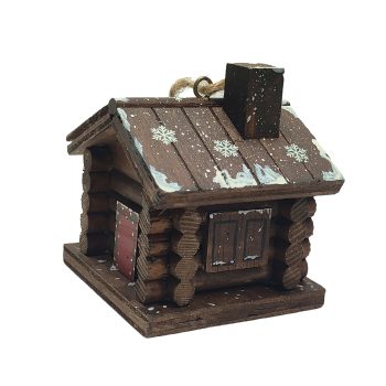 ORN CABIN 3"X3.5" BROWN WOOD W/SNOWFLAKES