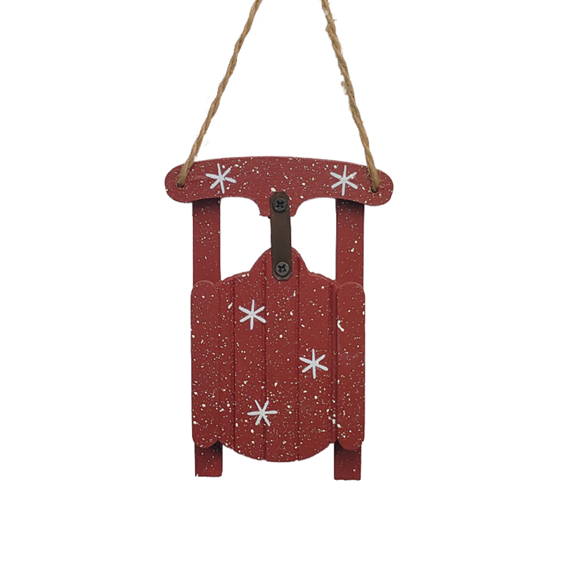 ORN SLEIGH 2.5"X4.5" RED WOOD/JUTE W/SNOWFLAKES