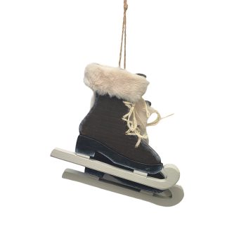 ORN ICE SKATE 8"X13.5" BROWN WOOD/FUR
