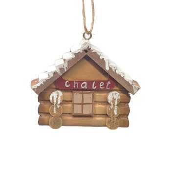 ORN CHALET 4"X3.5" NATURAL MIXED WOOD W/SNOW EDGES