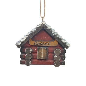 ORN CHALET 4"X3.5" BROWN MIXED WOOD W/SNOW EDGES