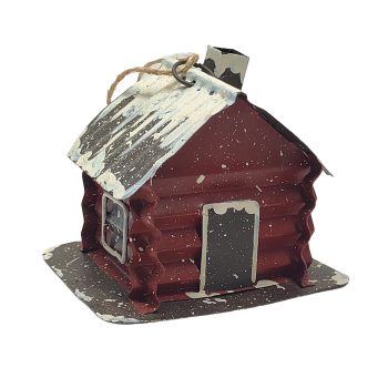 ORN CABIN 2.5"X3" RED MIXED METAL/JUTE