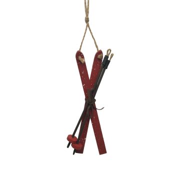 ORN SKI W/POLES 2"X8" RED WOOD/LEATHER