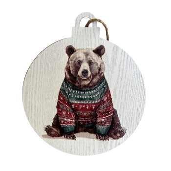 WOODEN BAUBLE FLAT 13" BEAR PAINTED PRINT