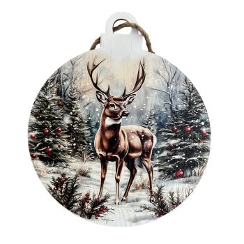 WOODEN BAUBLE FLAT 13" REINDEER SCENE PAINTED PRINT