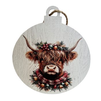WOODEN BAUBLE FLAT 13" HIGHLAND COW PAINTED PRINT