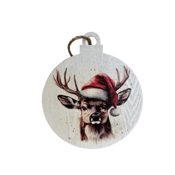 WOODEN BAUBLE FLAT 13" REINDEER PAINTED PRINT