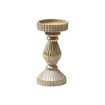 CANDLE HOLDER WOODEN PILLAR 6.5" LT. BROWN ANTIQUE GOLD BRUSHED FINISHED