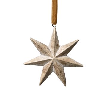 ORN STARBURST WOODEN 4.5" LT. BROWN ANTIQUE GOLD BRUSHED FINISHED