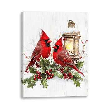 CANVAS WALL ART 16"X12" CARDINAL LOVE BIRD SCENE 1PC LED+30PC FIBER+6 HOUR TIMER
