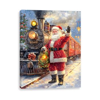 CANVAS WALL ART 16"X12" SANTA POLAR EXPRESS SCENE 3PC LED+6 HOUR TIMER