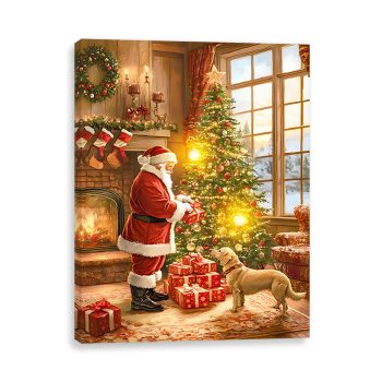 CANVAS WALL ART 16"X12" SANTA & DOG SCENE 2PC LED+30PC FIBER+6 HOUR TIMER