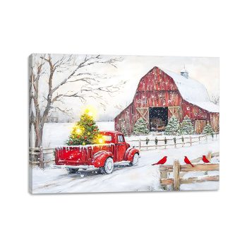 CANVAS WAL ART 12"X16" BARN HOUSE/RED TRUCK SCENE 6PC LED+6 HOUR TIMER