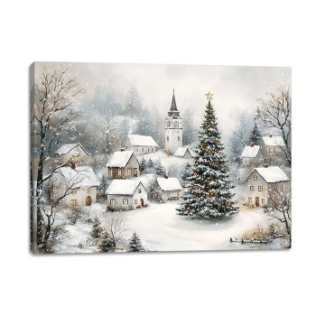 CANVAS WALL ART 12"X16" CHRISTMAS VILLAGE SCENE 1PC LED+30PC FIBER+6 HOUR TIMER