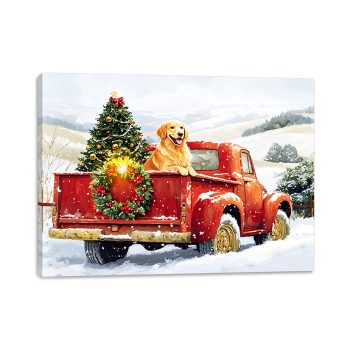CANVAS WALL ART 12"X16" RED TRUCK/DOG SCENE 30PC FIBER+6 HOUR TIMER