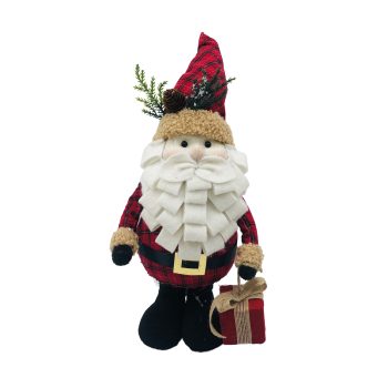 STANDING SANTA 7"X15" RED/WHITE/BLACK FABRIC W/GIFT BOX AND CURLY BEARD