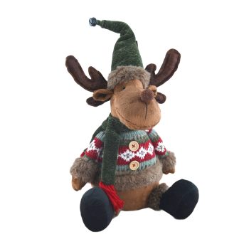 PLUSH SITTING MOOSE W/SWEATER 9"X19" BROWN/GREEN