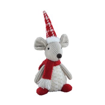 PLUSH SITTING MOUSE 8"X15" RED HAT AND SCARF