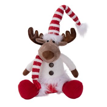PLUSH STITTING REINDEER 17" WHITE/RED W/HAT