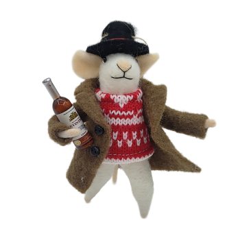ORN WOOL MOUSE 4"X5" RED/BROWN JACKET WITH WINE BOTTLE