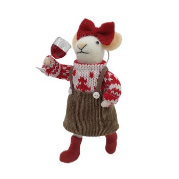 ORN WOOL MOUSE 3"X5.5" RED/BROWN OVERALLS WITH WINE GLASS