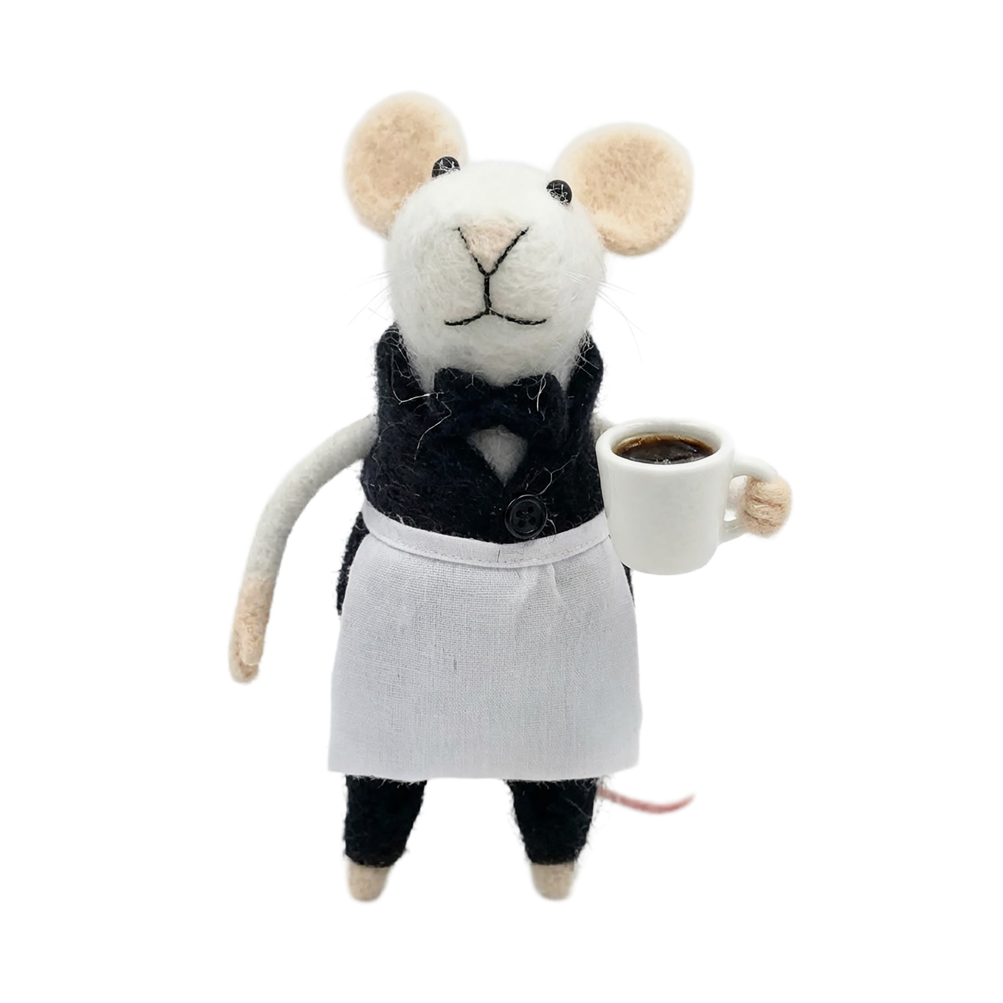 ORN WOOL MOUSE 3"X4.5" WHITE APRON HOLDING A SMALL WHITE COFFEE CUP
