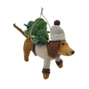ORN WOOL DOG 6"X4.5" BROWN WITH TREE