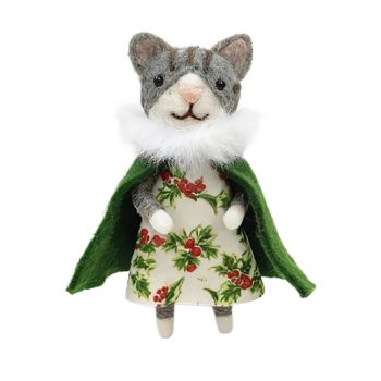 ORN WOOL CAT 3.5"X5" GREEN CLOAK W/HOLLY DRESS